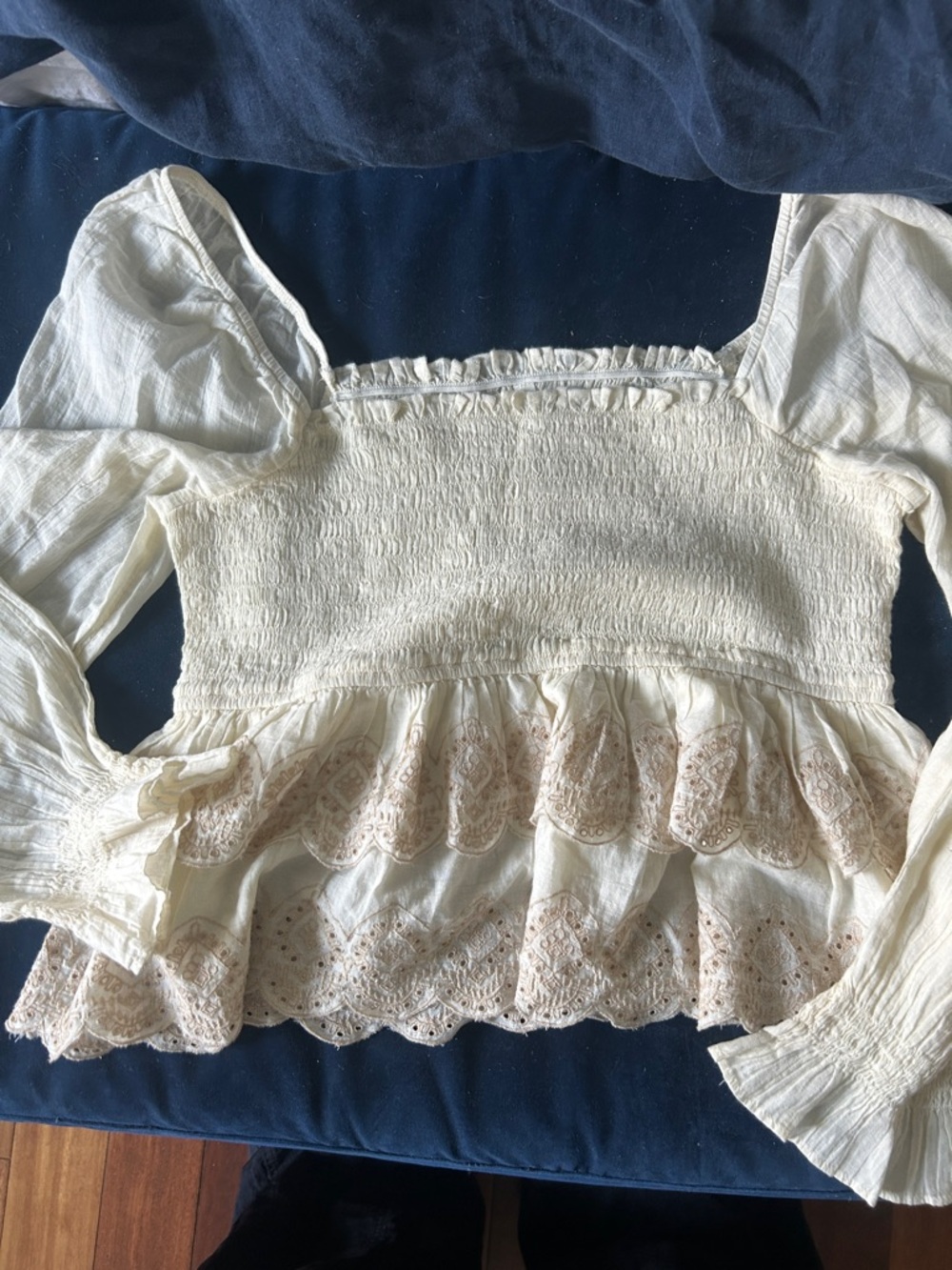 Cream Smocked Peasant Blouse with Lace Trim - Women Tops